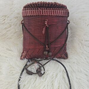 Vintage Baskets Of Cambodia 1950 Handwoven Bamboo Burgundy Basket Crossbody Bag